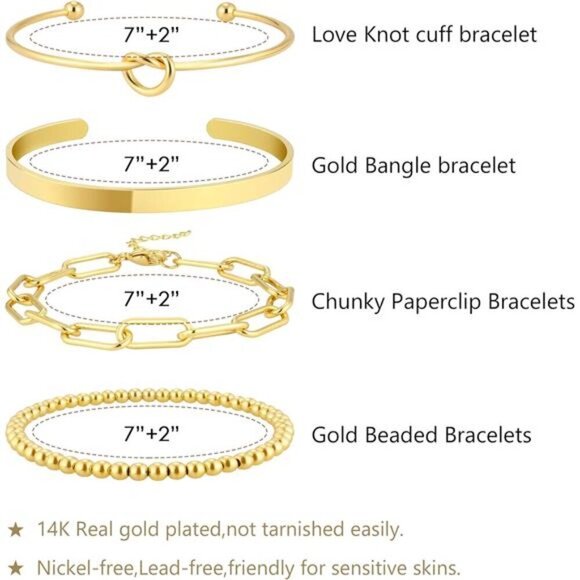 14k Gold Plated Brass Charm Bangle Cuff Bracelet Set Non Tarnish